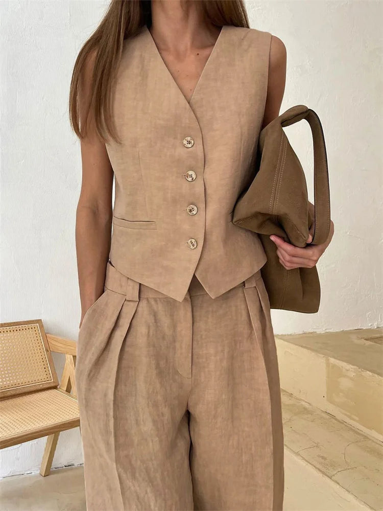 Conjunto de chaleco de lino y pantalones de pernera ancha para mujer-Sets for women-Casaluzia