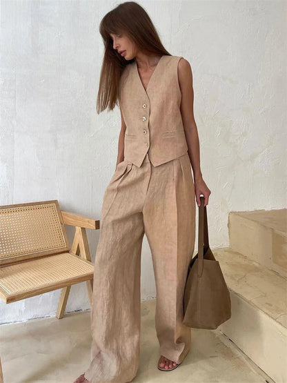 Conjunto de chaleco de lino y pantalones de pernera ancha para mujer-Sets for women-Casaluzia