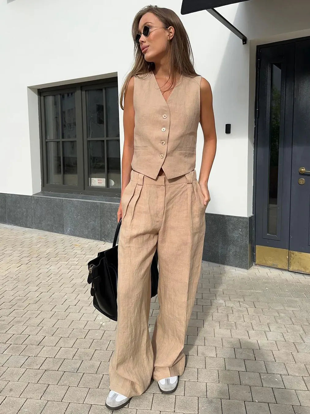 Conjunto de chaleco de lino y pantalones de pernera ancha para mujer-Sets for women-Casaluzia
