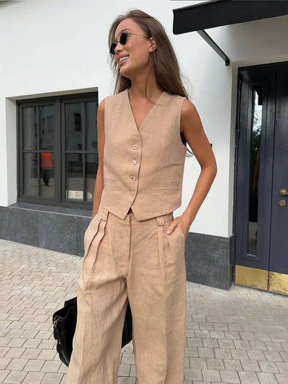 Conjunto de chaleco de lino y pantalones de pernera ancha para mujer-Sets for women-Casaluzia