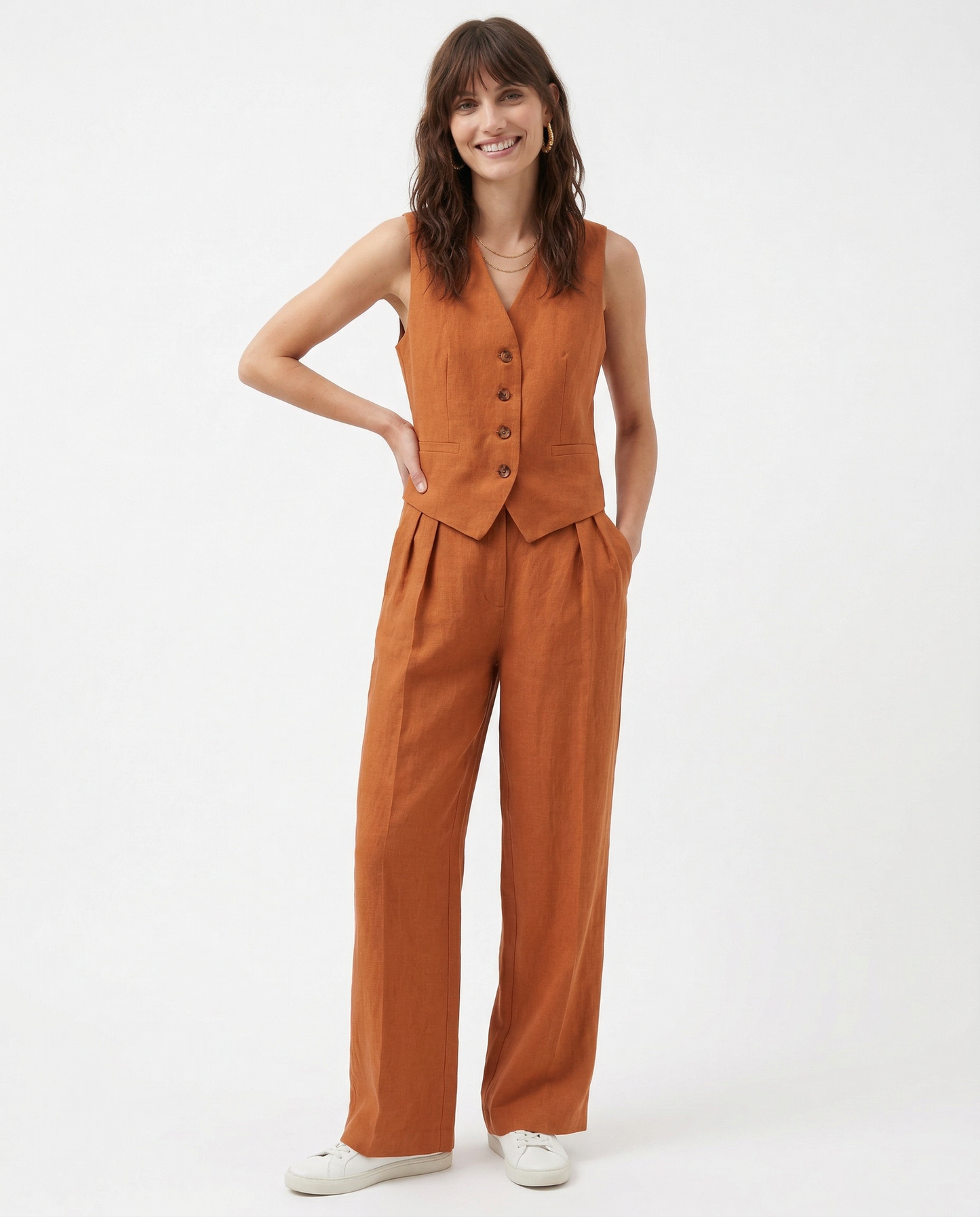 Conjunto de chaleco de lino y pantalones de pernera ancha para mujer-Sets for women-Casaluzia