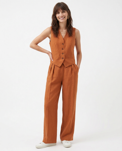 Conjunto de chaleco de lino y pantalones de pernera ancha para mujer-Sets for women-Casaluzia