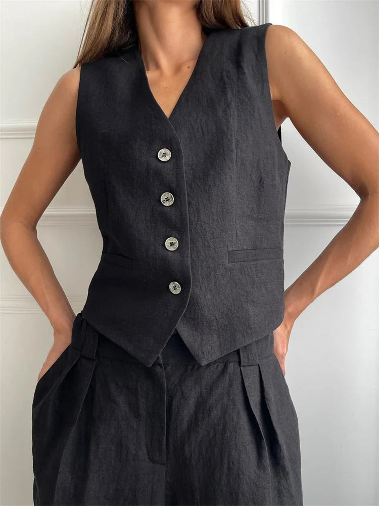 Conjunto de chaleco de lino y pantalones de pernera ancha para mujer-Sets for women-Casaluzia