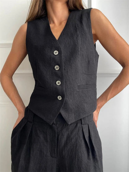 Conjunto de chaleco de lino y pantalones de pernera ancha para mujer-Sets for women-Casaluzia