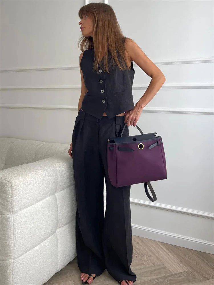 Conjunto de chaleco de lino y pantalones de pernera ancha para mujer-Sets for women-Casaluzia