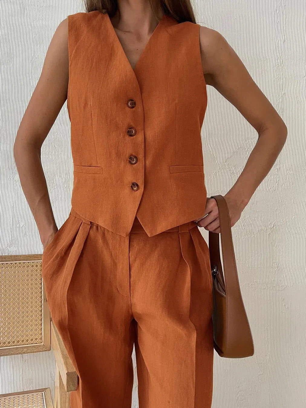 Conjunto de chaleco de lino y pantalones de pernera ancha para mujer-Sets for women-Casaluzia