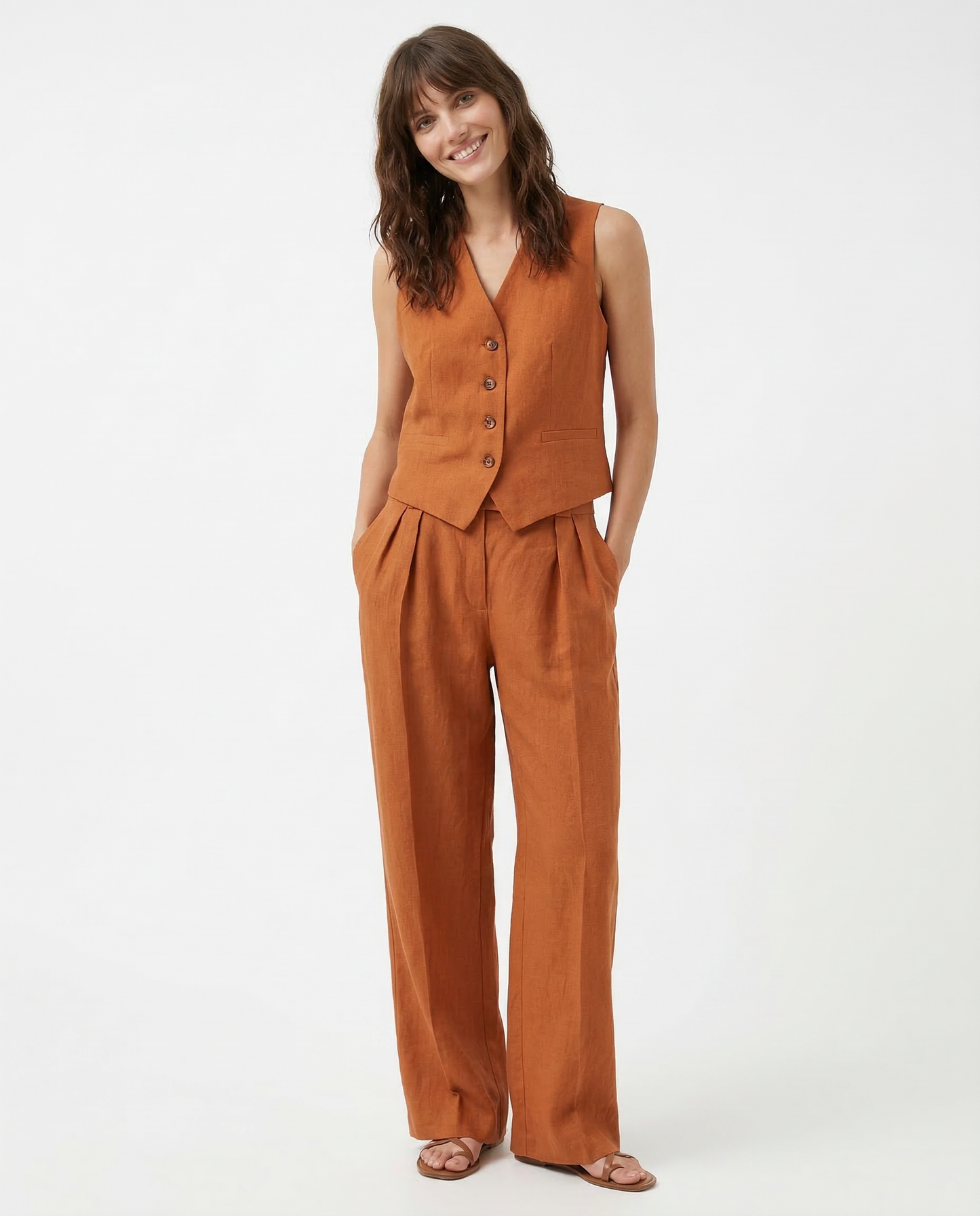 Conjunto de chaleco de lino y pantalones de pernera ancha para mujer-Sets for women-Casaluzia