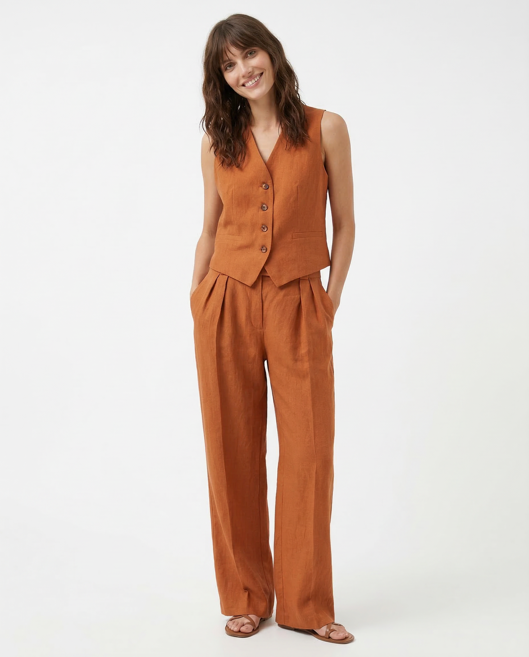 Conjunto de chaleco de lino y pantalones de pernera ancha para mujer-Sets for women-Casaluzia