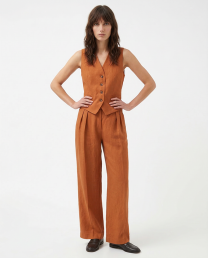 Conjunto de chaleco de lino y pantalones de pernera ancha para mujer-Sets for women-Casaluzia