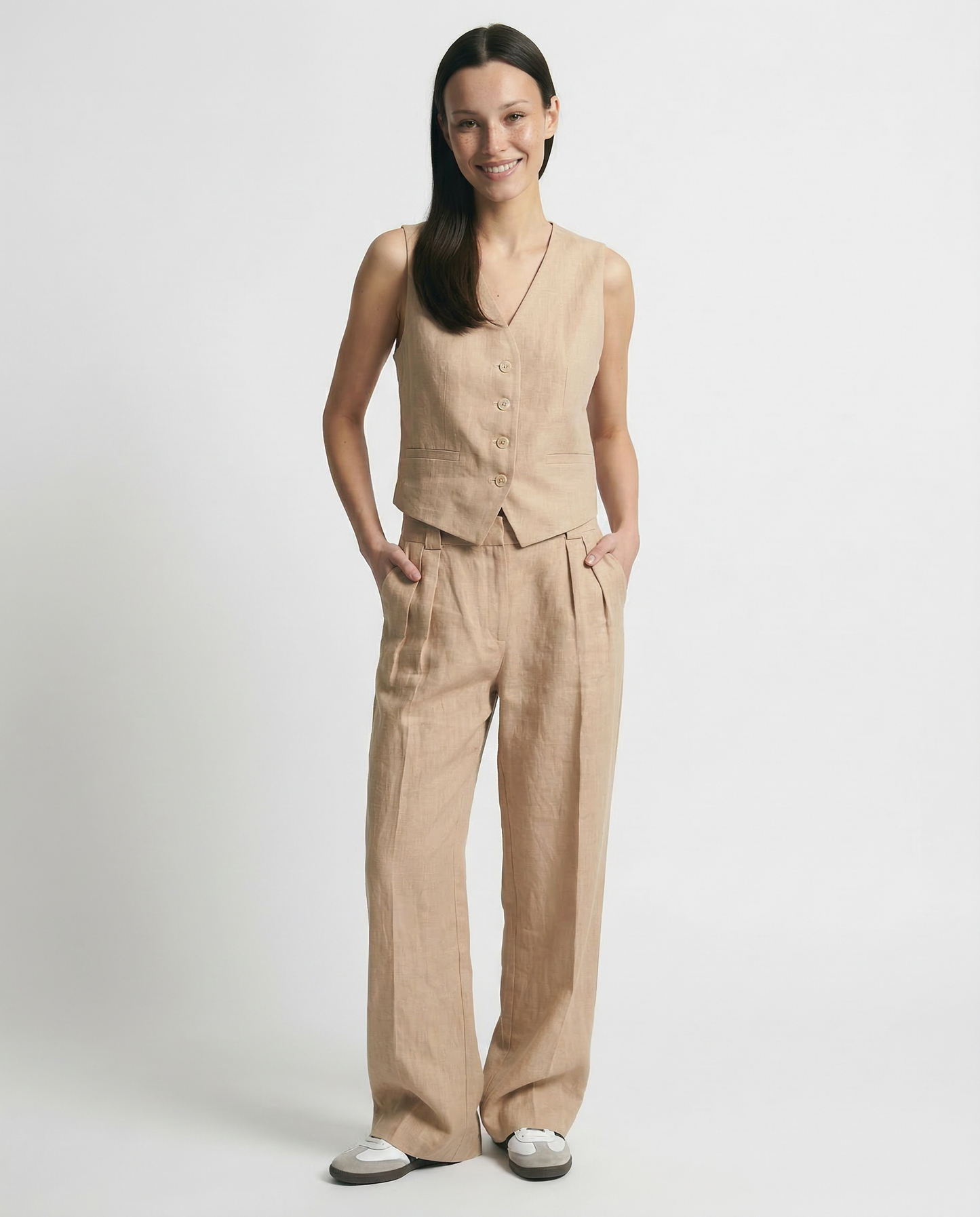 Conjunto de chaleco de lino y pantalones de pernera ancha para mujer-Sets for women-Casaluzia