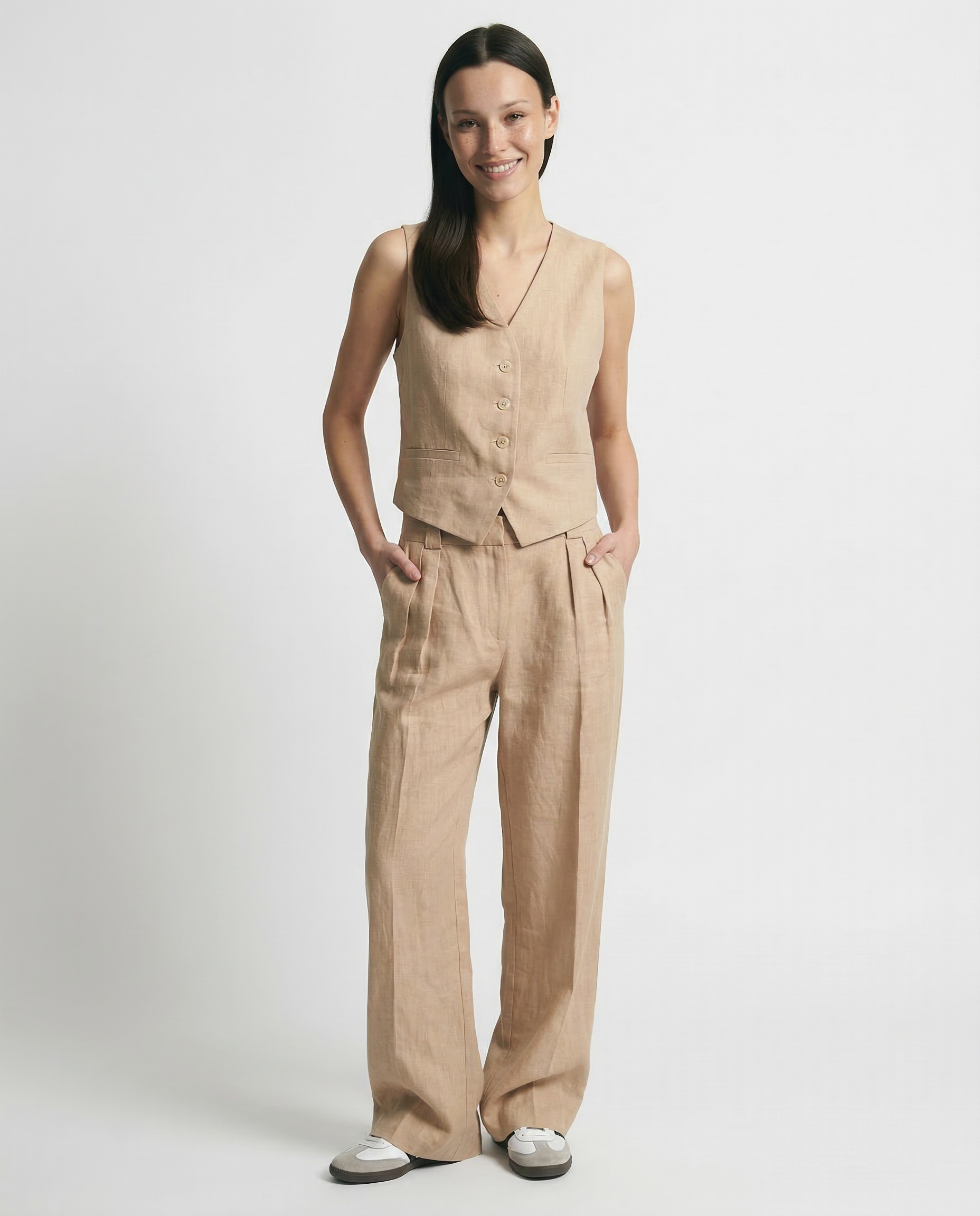 Conjunto de chaleco de lino y pantalones de pernera ancha para mujer-Sets for women-Casaluzia