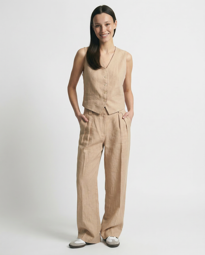 Conjunto de chaleco de lino y pantalones de pernera ancha para mujer-Sets for women-Casaluzia