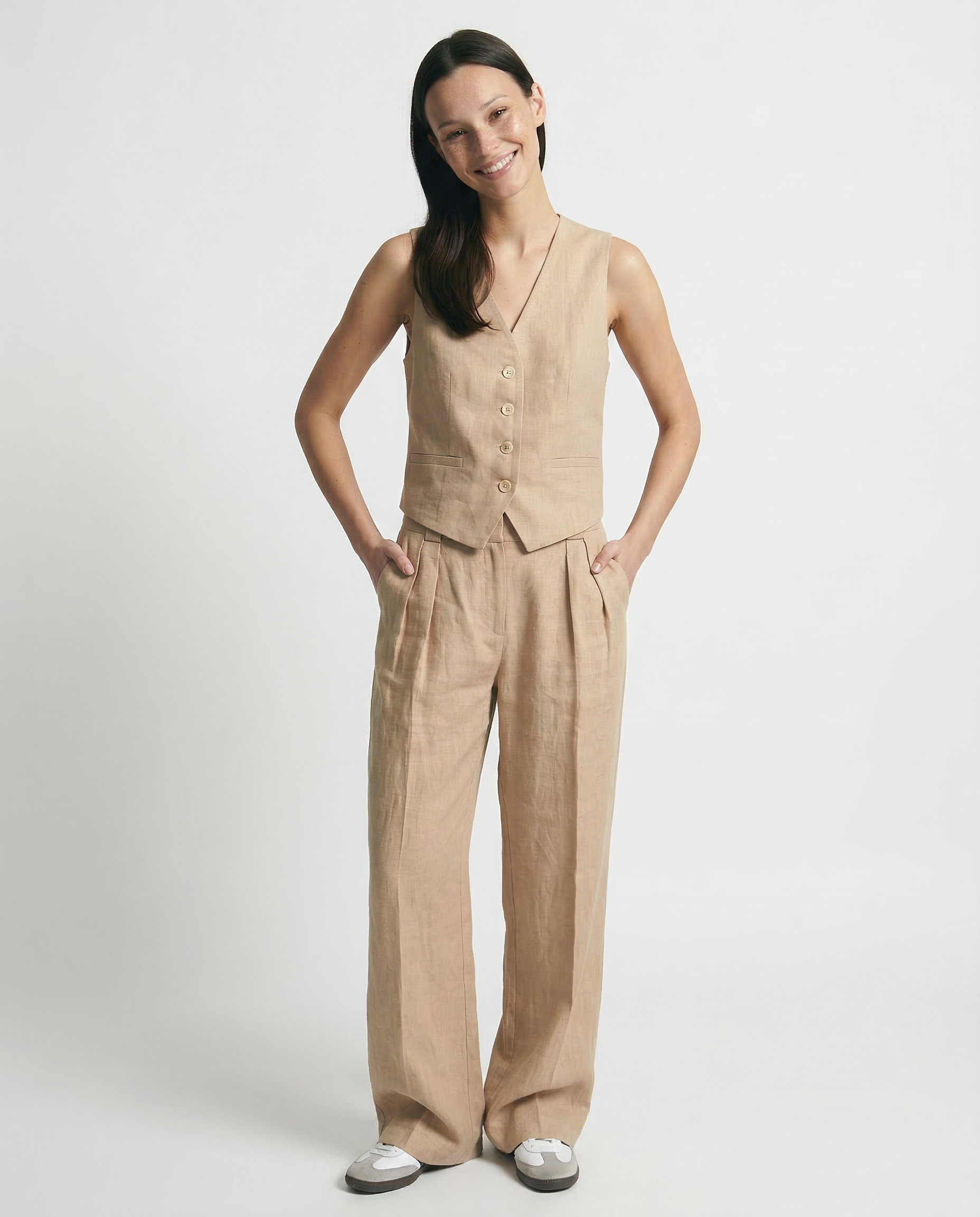 Conjunto de chaleco de lino y pantalones de pernera ancha para mujer-Sets for women-Casaluzia
