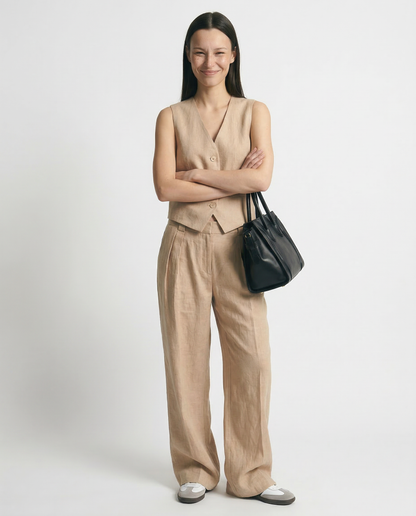 Conjunto de chaleco de lino y pantalones de pernera ancha para mujer-Sets for women-Casaluzia