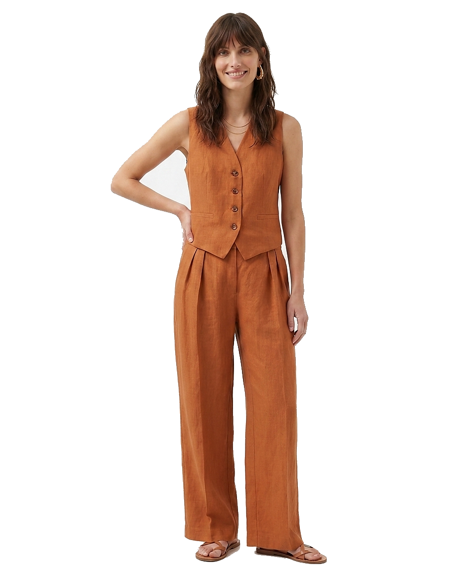 Conjunto de chaleco de lino y pantalones de pernera ancha para mujer-Sets for women-Casaluzia