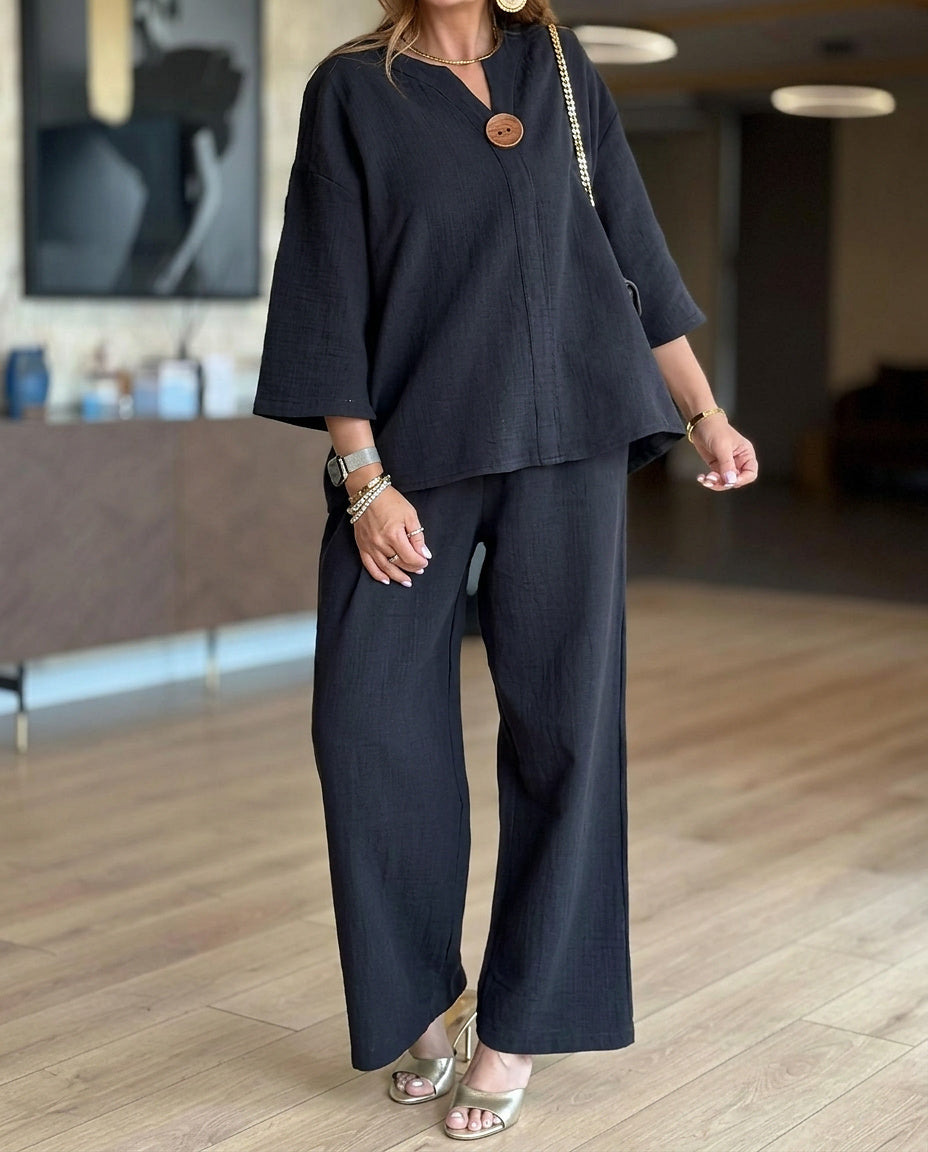 Conjunto de dos piezas de túnica y pantalón de pierna ancha para mujer-Two-piece Set-Casaluzia