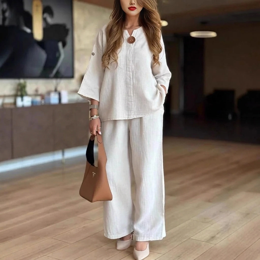 Conjunto de dos piezas de túnica y pantalón de pierna ancha para mujer-Two-piece Set-Casaluzia
