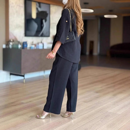 Conjunto de dos piezas de túnica y pantalón de pierna ancha para mujer-Two-piece Set-Casaluzia
