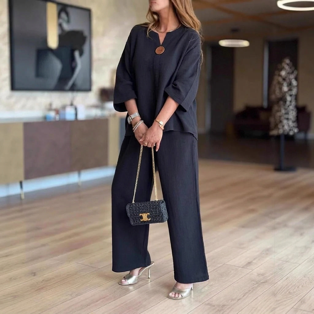 Conjunto de dos piezas de túnica y pantalón de pierna ancha para mujer-Two-piece Set-Casaluzia