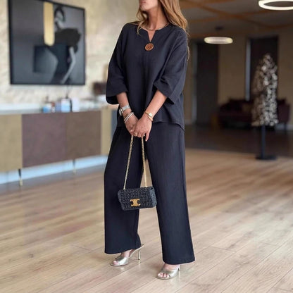 Conjunto de dos piezas de túnica y pantalón de pierna ancha para mujer-Two-piece Set-Casaluzia