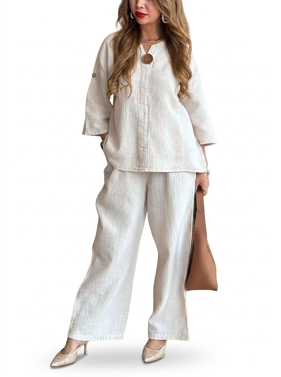 Conjunto de dos piezas de túnica y pantalón de pierna ancha para mujer-Two-piece Set-Casaluzia