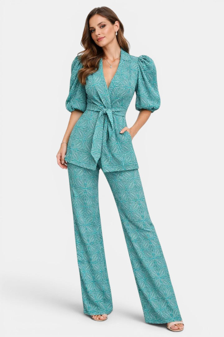 Conjunto de dos piezas estampado con mangas abullonadas para mujer-Sets for women-Casaluzia