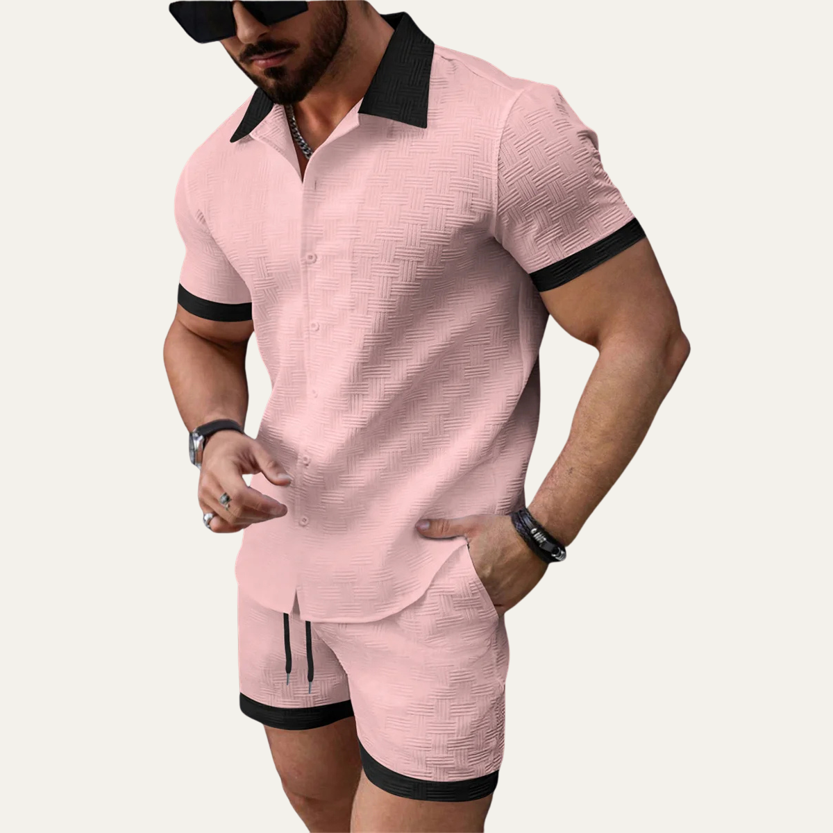 Conjunto de dos piezas para hombre con camisa de manga corta con botones y pantalones cortos con cintura elástica y cordón-Sets for Men-Casaluzia