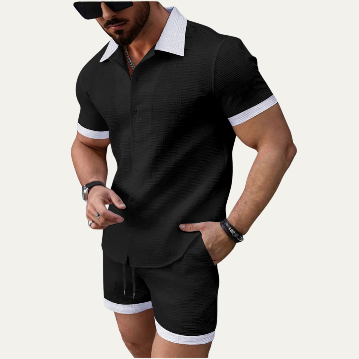 Conjunto de dos piezas para hombre con camisa de manga corta con botones y pantalones cortos con cintura elástica y cordón-Sets for Men-Casaluzia