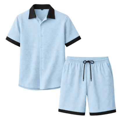 Conjunto de dos piezas para hombre con camisa de manga corta con botones y pantalones cortos con cintura elástica y cordón-Sets for Men-Casaluzia