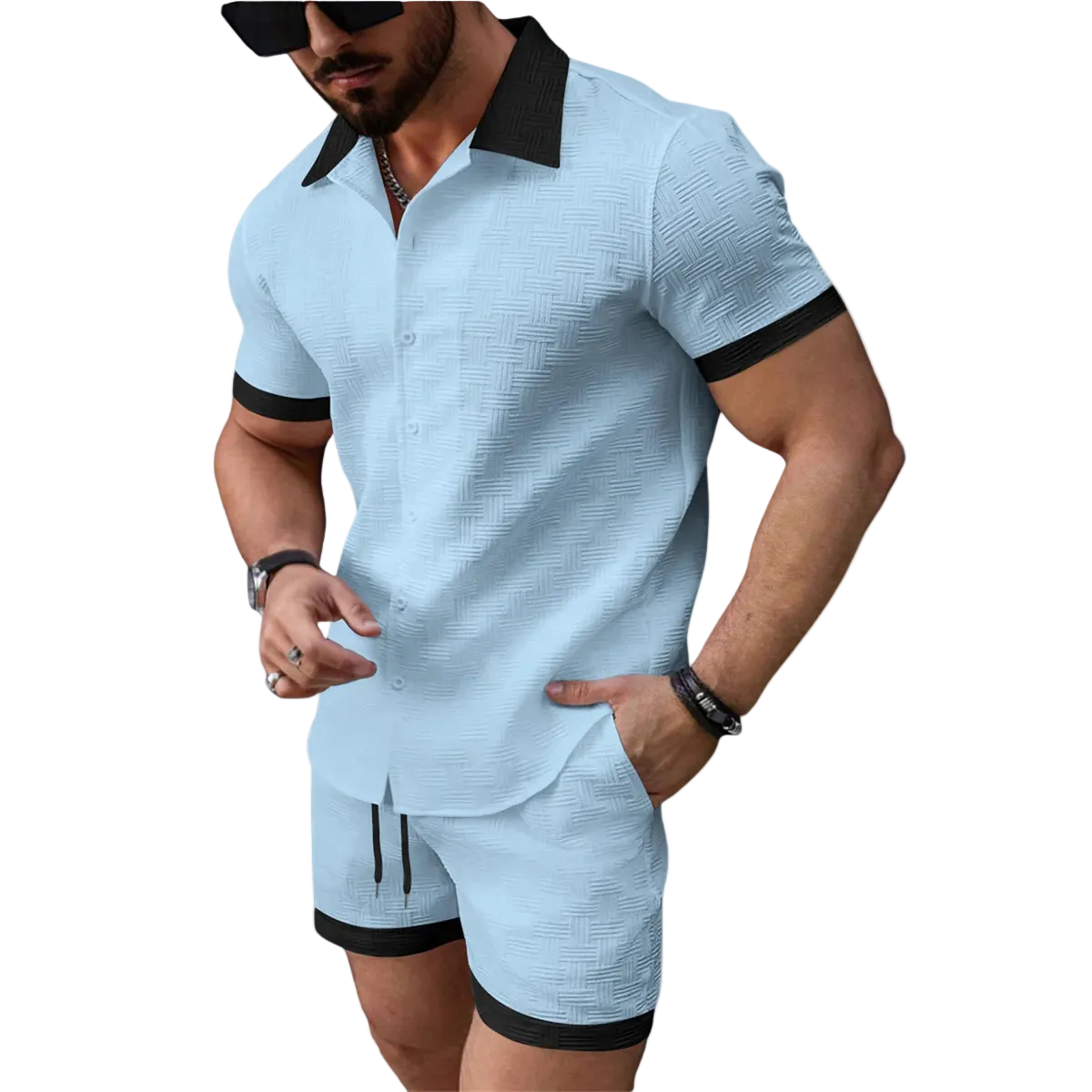 Conjunto de dos piezas para hombre con camisa de manga corta con botones y pantalones cortos con cintura elástica y cordón-Sets for Men-Casaluzia