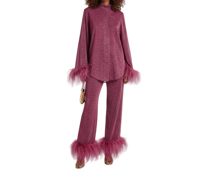 Conjunto de Dos Piezas para Mujer con Camisa Abotonada y Pantalón con Detalles de Plumas-Sets for women-Casaluzia