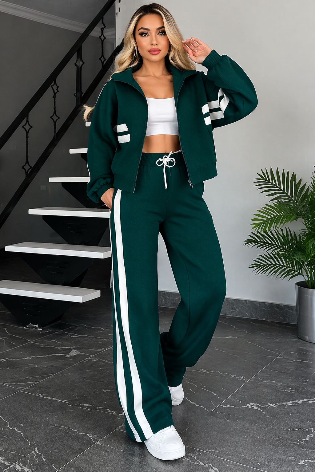 Conjunto de dos piezas para mujer con chaqueta con cremallera y pantalón-Sets for women-Casaluzia