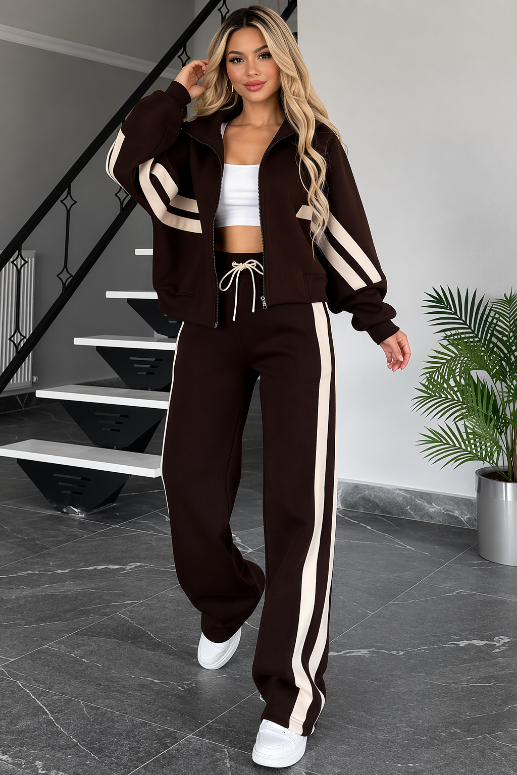 Conjunto de dos piezas para mujer con chaqueta con cremallera y pantalón-Sets for women-Casaluzia