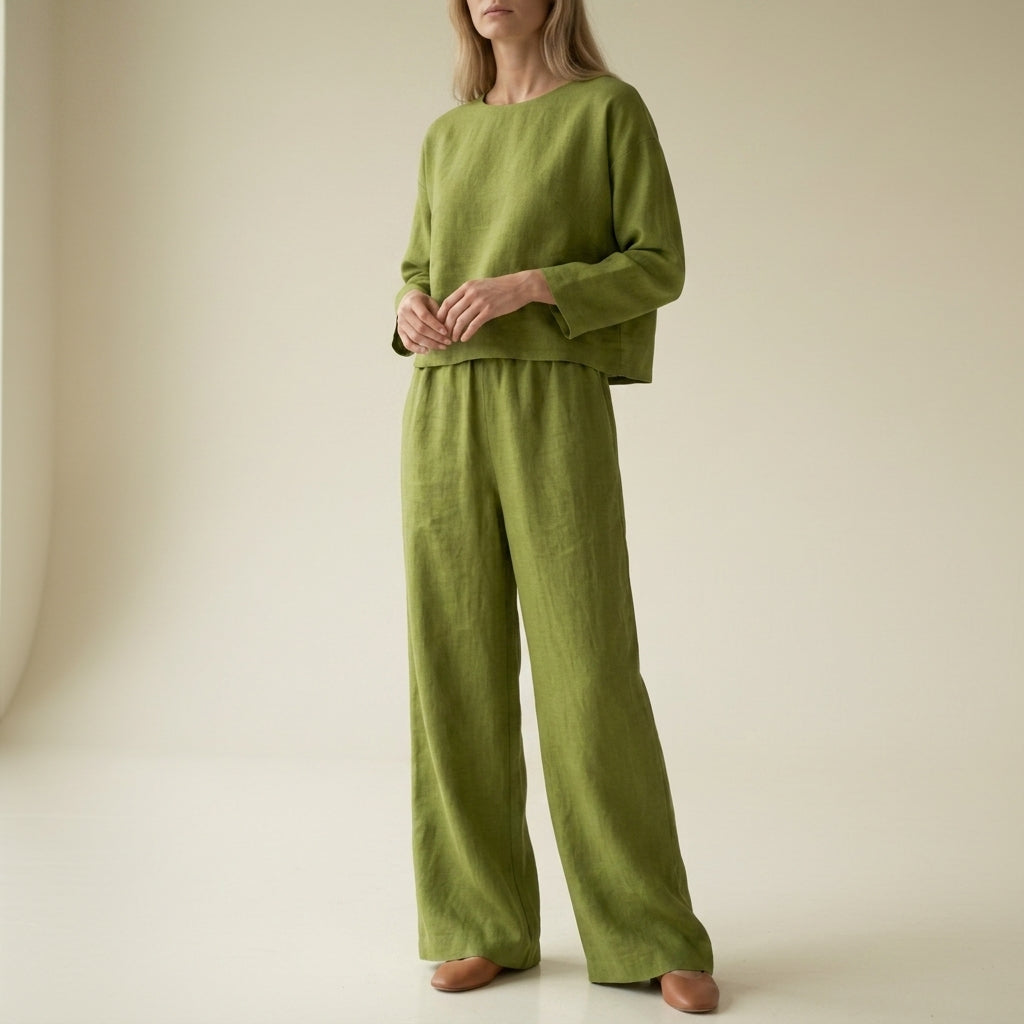 Conjunto de lino de pierna ancha para mujer-Sets for women-Casaluzia