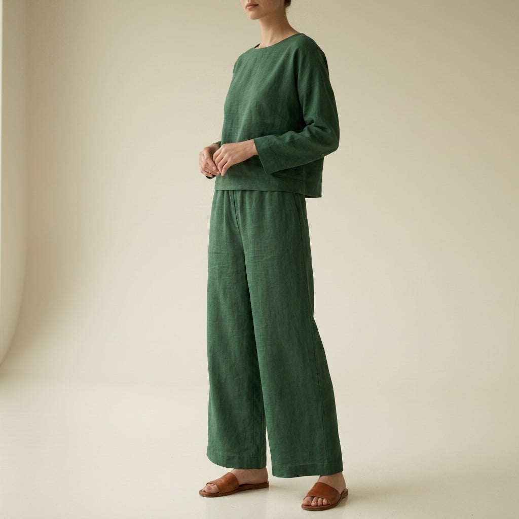 Conjunto de lino de pierna ancha para mujer-Sets for women-Casaluzia