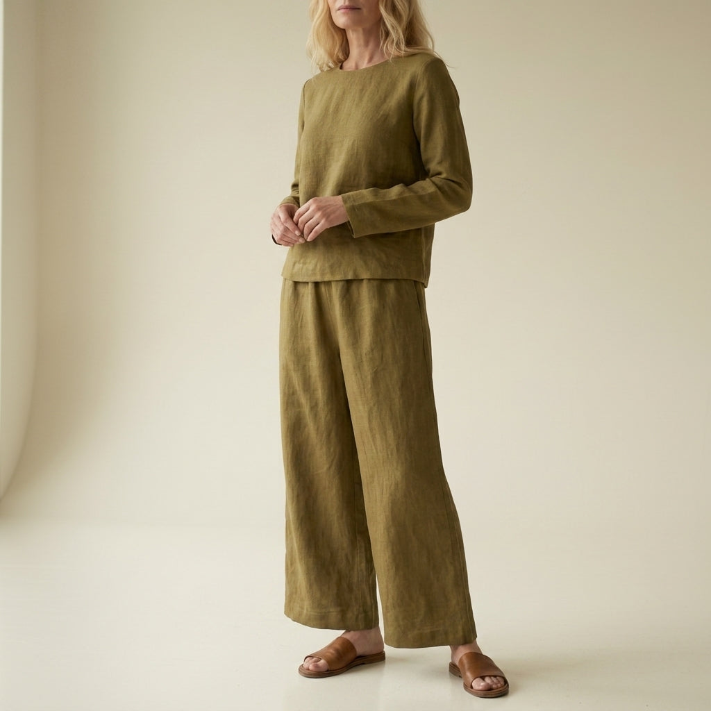 Conjunto de lino de pierna ancha para mujer-Sets for women-Casaluzia