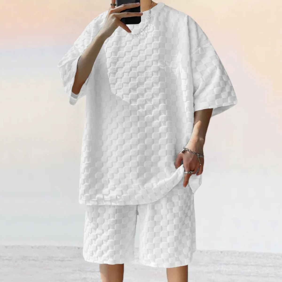 Conjunto de manga corta con patrón estructurado y cuello redondo para hombre-Sets for Men-Casaluzia