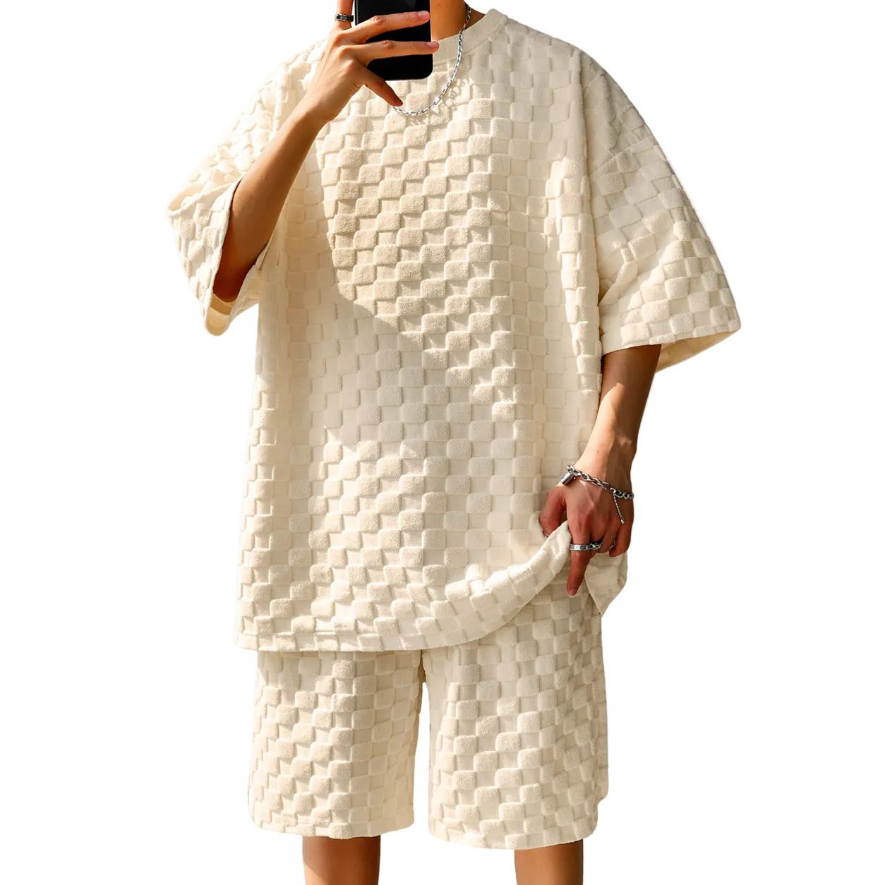Conjunto de manga corta con patrón estructurado y cuello redondo para hombre-Sets for Men-Casaluzia