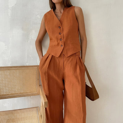 Conjunto de mujer con chaleco sin mangas y pantalón de pierna ancha-Sets for women-Casaluzia