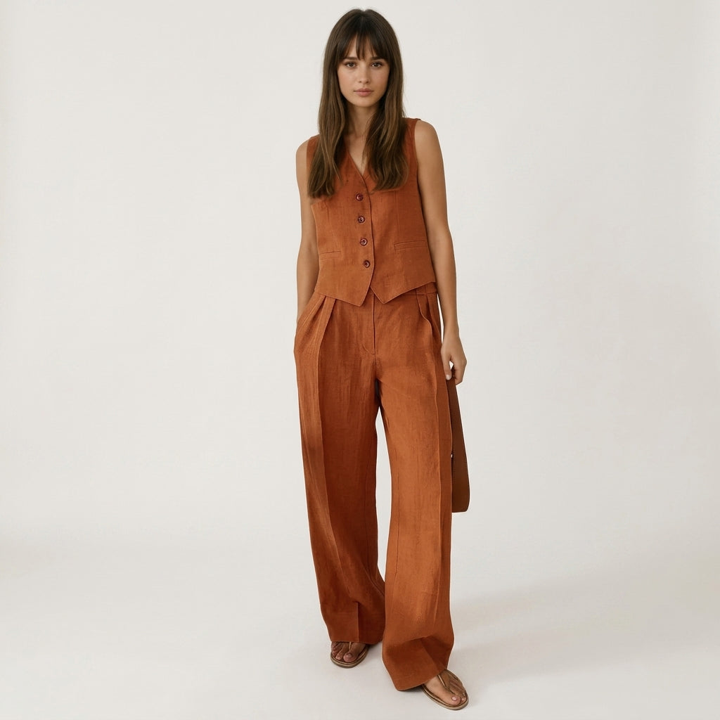 Conjunto de mujer con chaleco sin mangas y pantalón de pierna ancha-Sets for women-Casaluzia