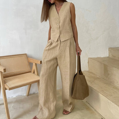 Conjunto de mujer con chaleco sin mangas y pantalón de pierna ancha-Sets for women-Casaluzia