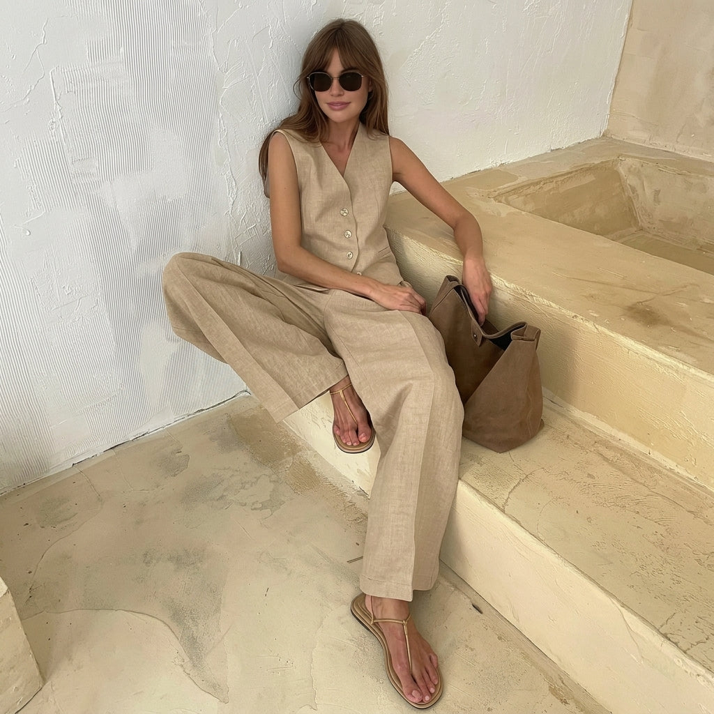 Conjunto de mujer con chaleco sin mangas y pantalón de pierna ancha-Sets for women-Casaluzia
