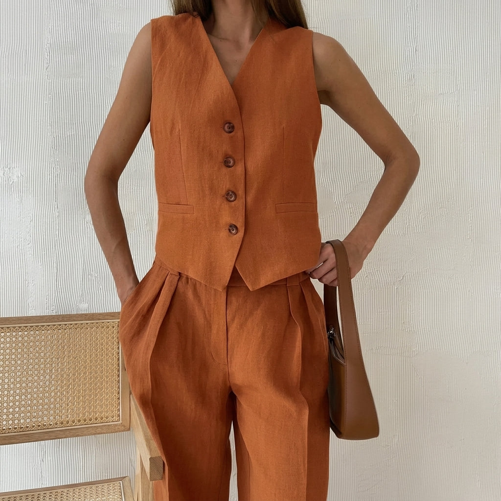 Conjunto de mujer con chaleco sin mangas y pantalón de pierna ancha-Sets for women-Casaluzia