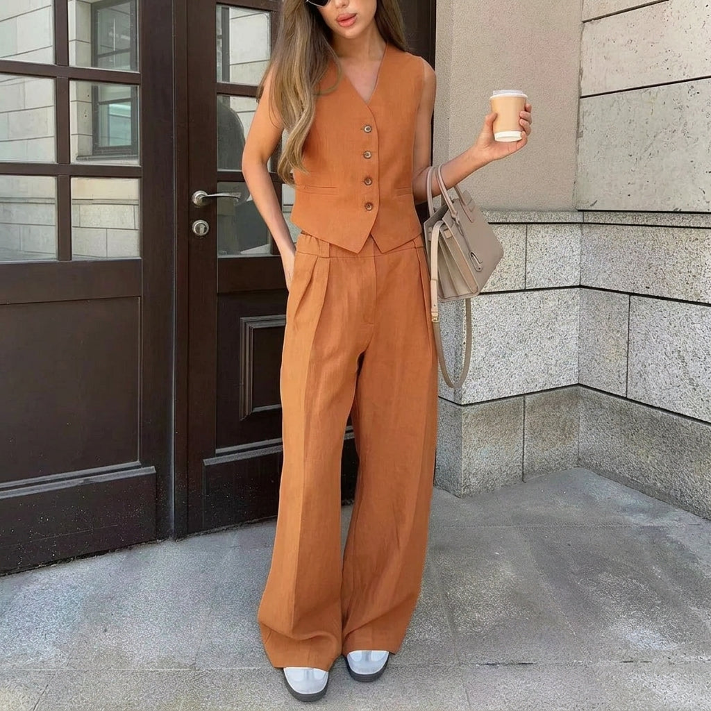 Conjunto de mujer con chaleco sin mangas y pantalón de pierna ancha-Sets for women-Casaluzia