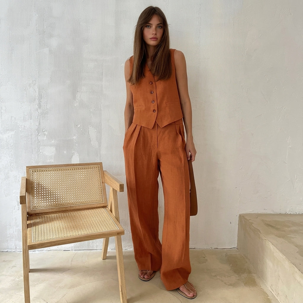 Conjunto de mujer con chaleco sin mangas y pantalón de pierna ancha-Sets for women-Casaluzia