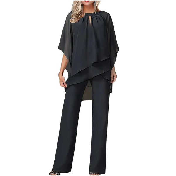 Conjunto de pantalón de pierna ancha con capa de gasa para mujer-Sets for women-Casaluzia