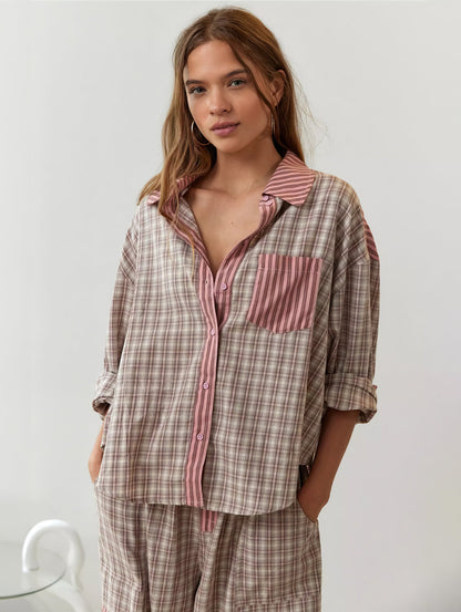 Conjunto de Pijama para Mujer con Camisa Abotonada y Pantalones con Cintura Elástica-Sets for women-Casaluzia