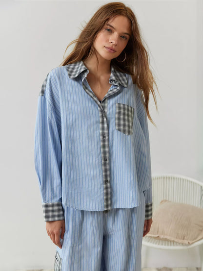 Conjunto de Pijama para Mujer con Camisa Abotonada y Pantalones con Cintura Elástica-Sets for women-Casaluzia