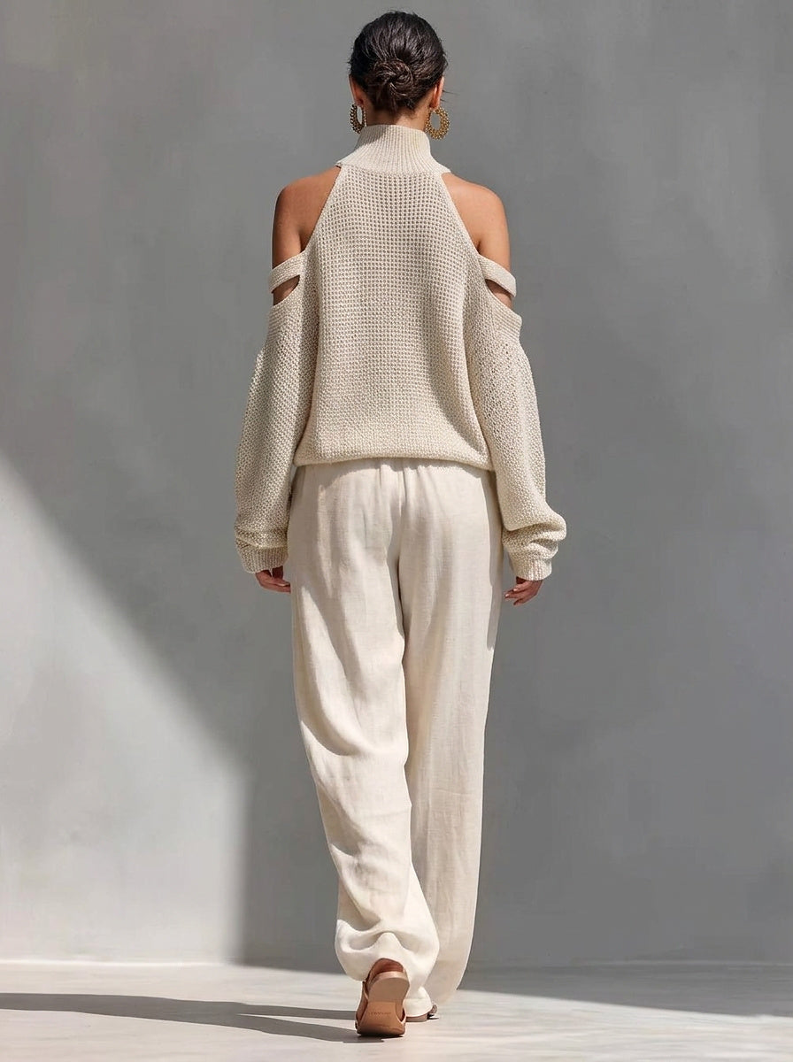 Conjunto de suéter de punto con hombros descubiertos y pantalón de pierna ancha para mujer-Sets for women-Casaluzia