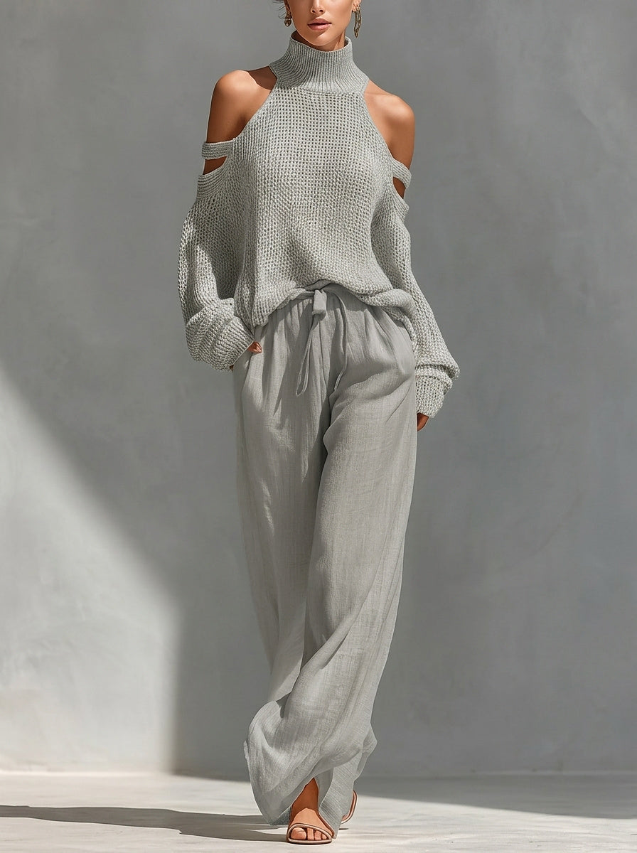 Conjunto de suéter de punto con hombros descubiertos y pantalón de pierna ancha para mujer-Sets for women-Casaluzia